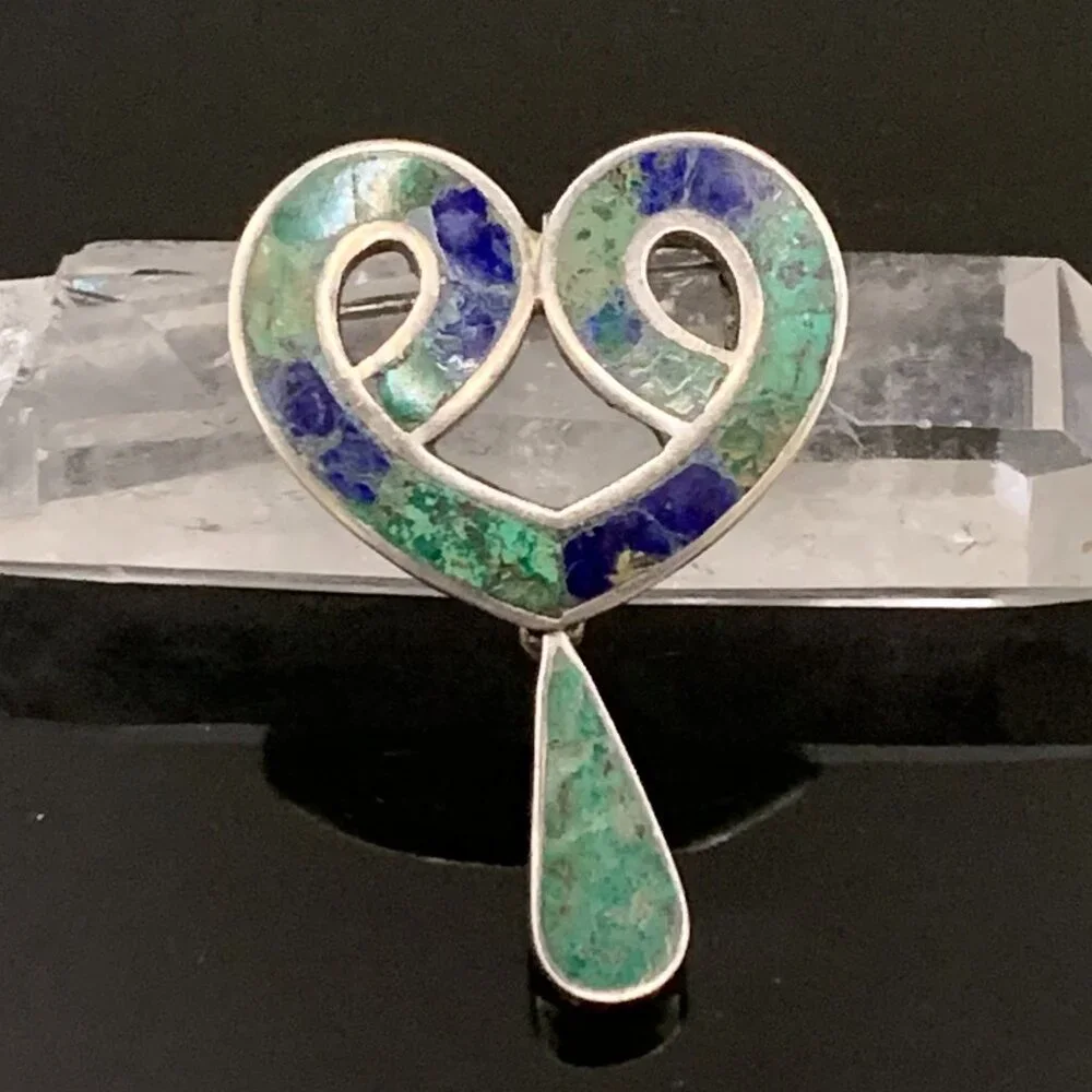TAXCO Los Castillo Mexico Eagle 15 Heart Sterling Brooch Malachite Chrysocolla